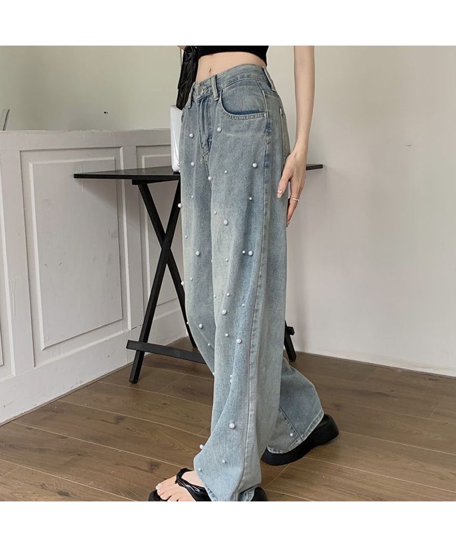 ベストストア Beststore パール付デニムパンツ 春 夏 ハイウエストデニムパンツデニム ワイドパンツ ハイウエスト 脚長 ストレートパンツ 着やせ カジュアル ジーンズ ロング丈 韓国フ