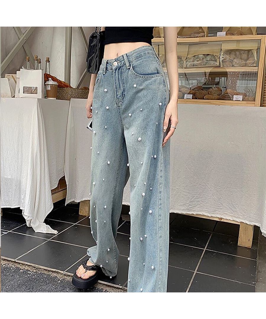 ベストストア Beststore パール付デニムパンツ 春 夏 ハイウエストデニムパンツデニム ワイドパンツ ハイウエスト 脚長 ストレートパンツ 着やせ カジュアル ジーンズ ロング丈 韓国フ