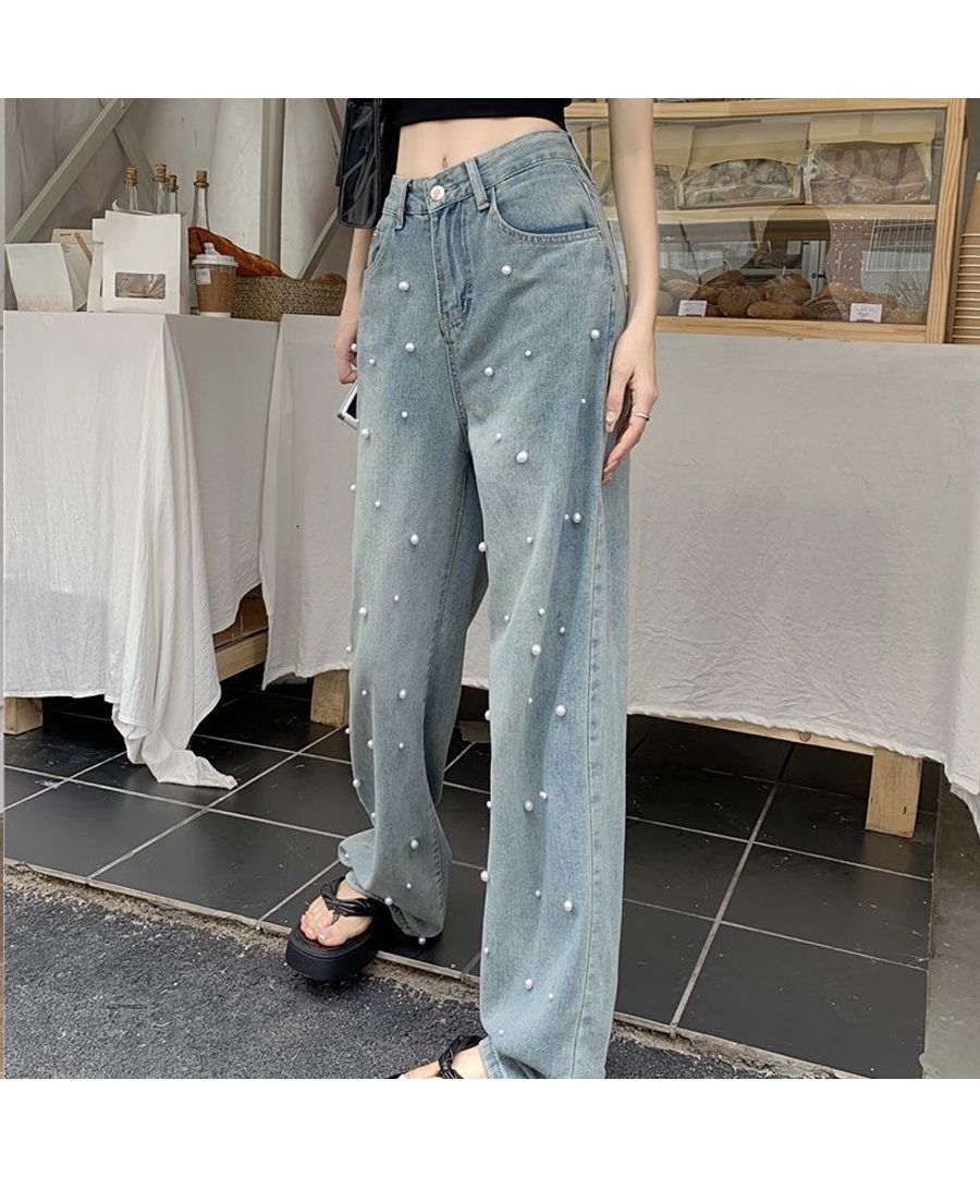 ベストストア Beststore パール付デニムパンツ 春 夏 ハイウエストデニムパンツデニム ワイドパンツ ハイウエスト 脚長 ストレートパンツ 着やせ カジュアル ジーンズ ロング丈 韓国フ