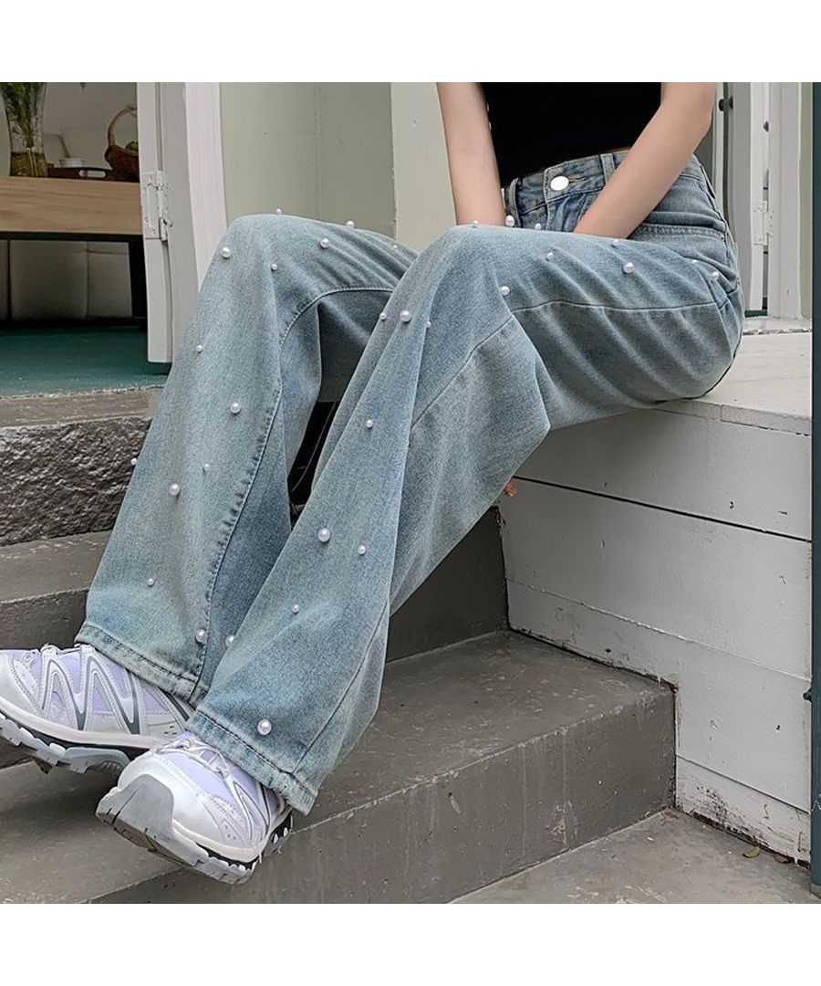 ベストストア Beststore パール付デニムパンツ 春 夏 ハイウエストデニムパンツデニム ワイドパンツ ハイウエスト 脚長 ストレートパンツ 着やせ カジュアル ジーンズ ロング丈 韓国フ