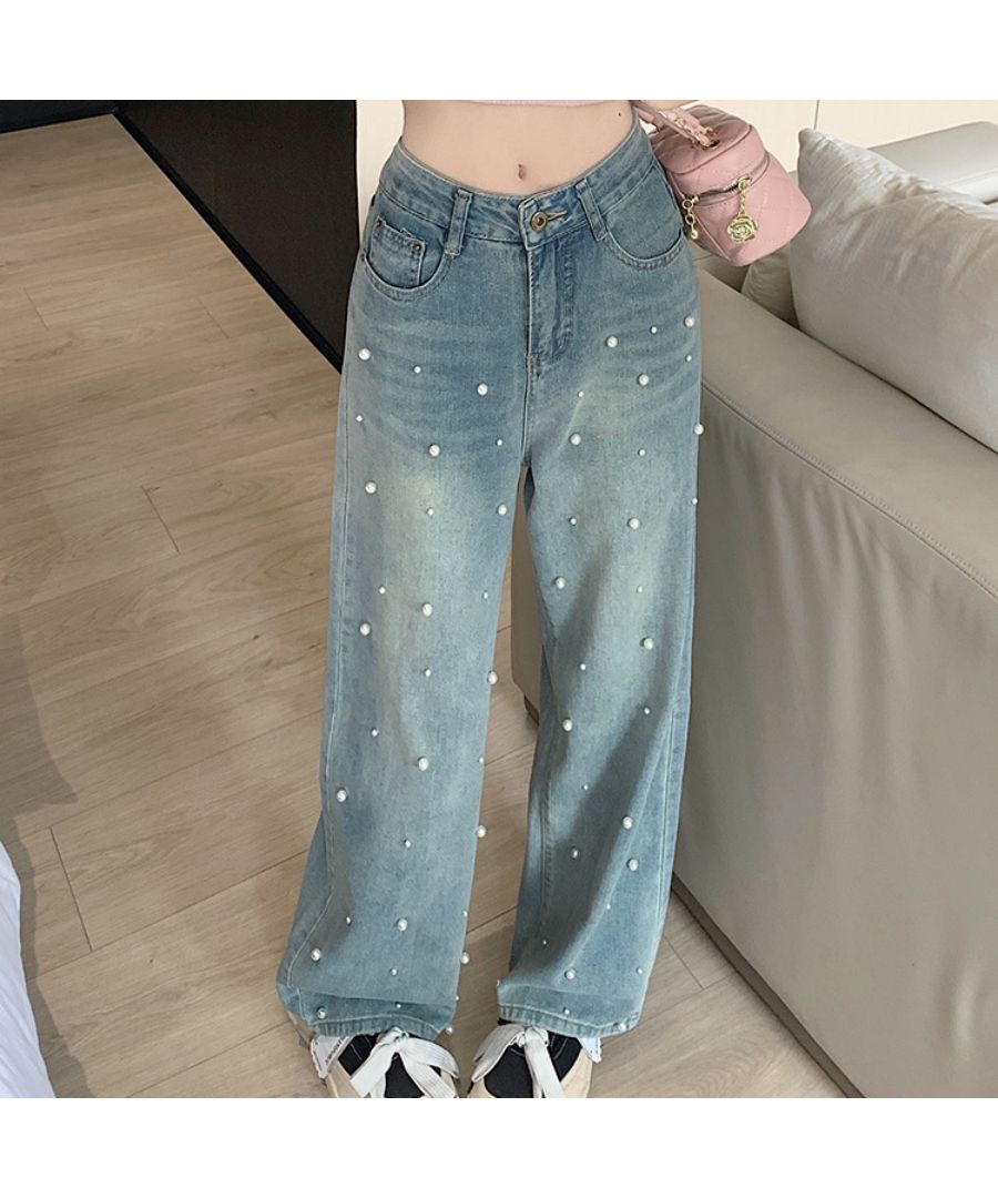 ベストストア Beststore パール付デニムパンツ 春 夏 ハイウエストデニムパンツデニム ワイドパンツ ハイウエスト 脚長 ストレートパンツ 着やせ カジュアル ジーンズ ロング丈 韓国フ