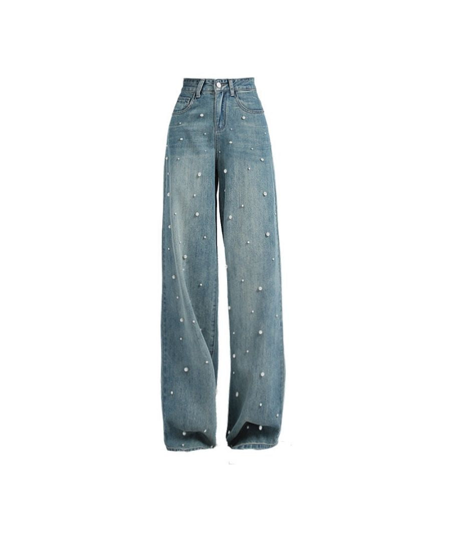 ベストストア Beststore パール付デニムパンツ 春 夏 ハイウエストデニムパンツデニム ワイドパンツ ハイウエスト 脚長 ストレートパンツ 着やせ カジュアル ジーンズ ロング丈 韓国フ