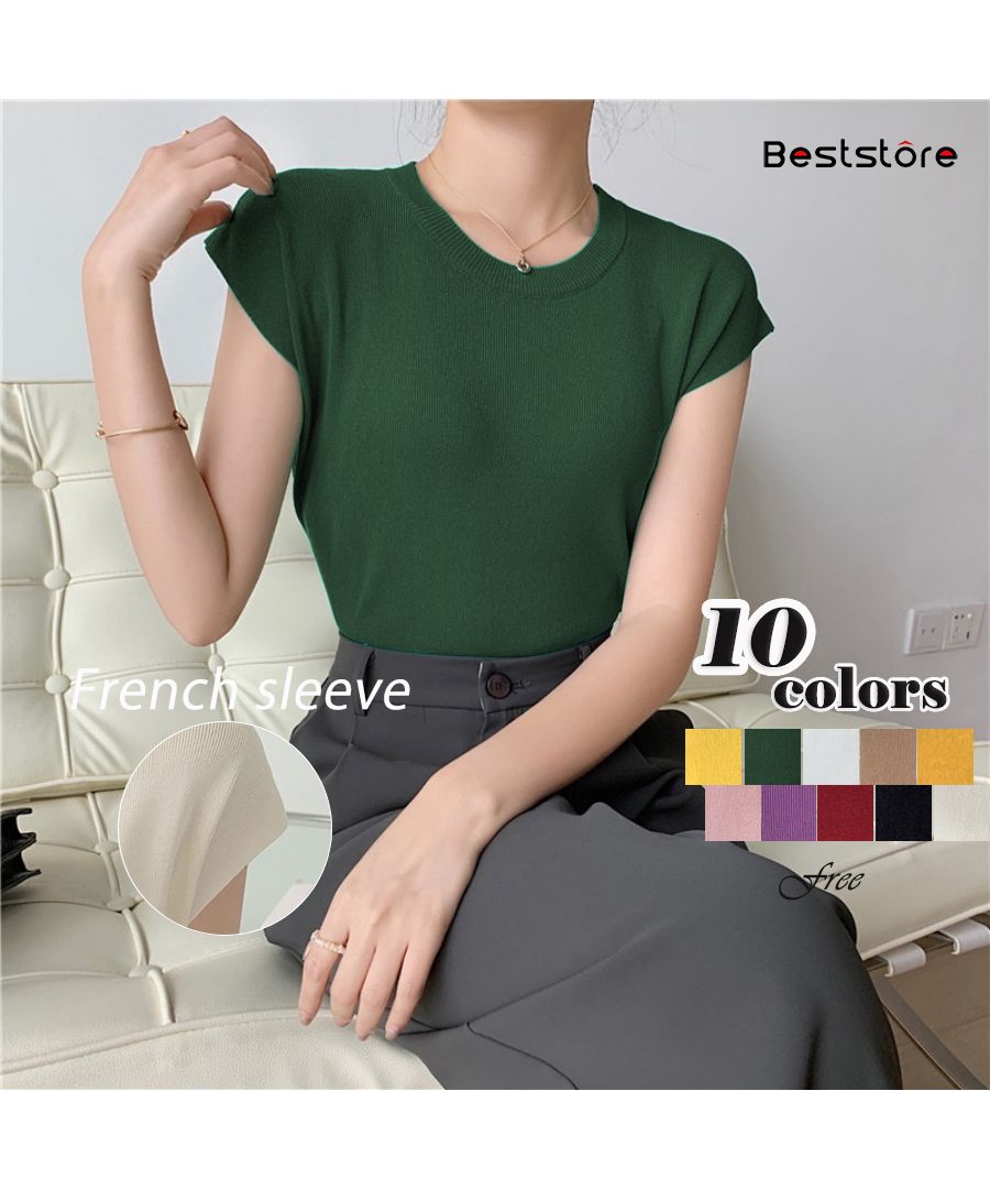 Beststore Tops French Sleeve Knit Sleeveless Short Sleeve Cut and Sew Knit Summer Knit Korean T-shirt Office Casual Adult Cute Plain Tank Top