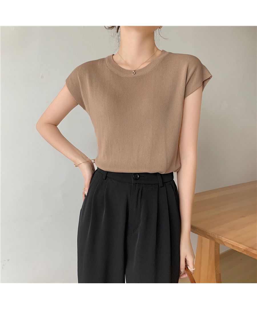 Beststore Tops French Sleeve Knit Sleeveless Short Sleeve Cut and Sew Knit Summer Knit Korean T-shirt Office Casual Adult Cute Plain Tank Top