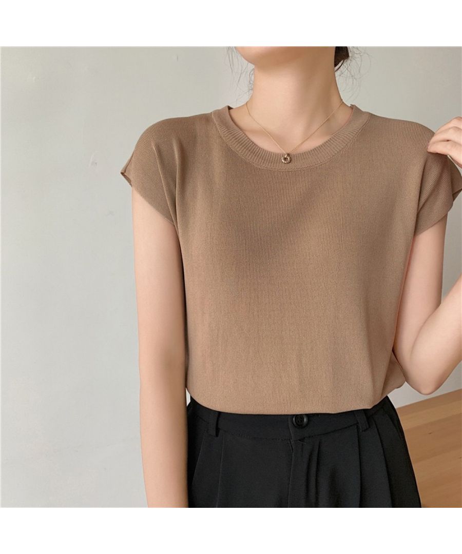 Beststore Tops French Sleeve Knit Sleeveless Short Sleeve Cut and Sew Knit Summer Knit Korean T-shirt Office Casual Adult Cute Plain Tank Top