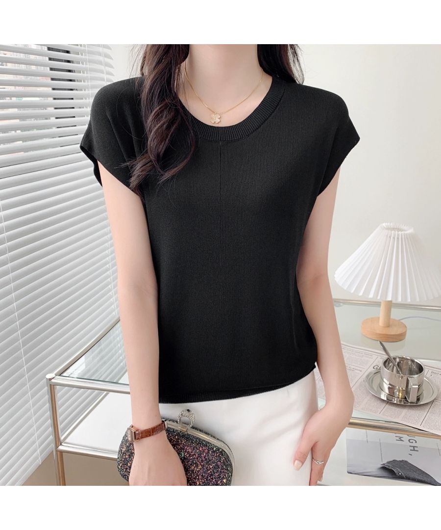 Beststore Tops French Sleeve Knit Sleeveless Short Sleeve Cut and Sew Knit Summer Knit Korean T-shirt Office Casual Adult Cute Plain Tank Top