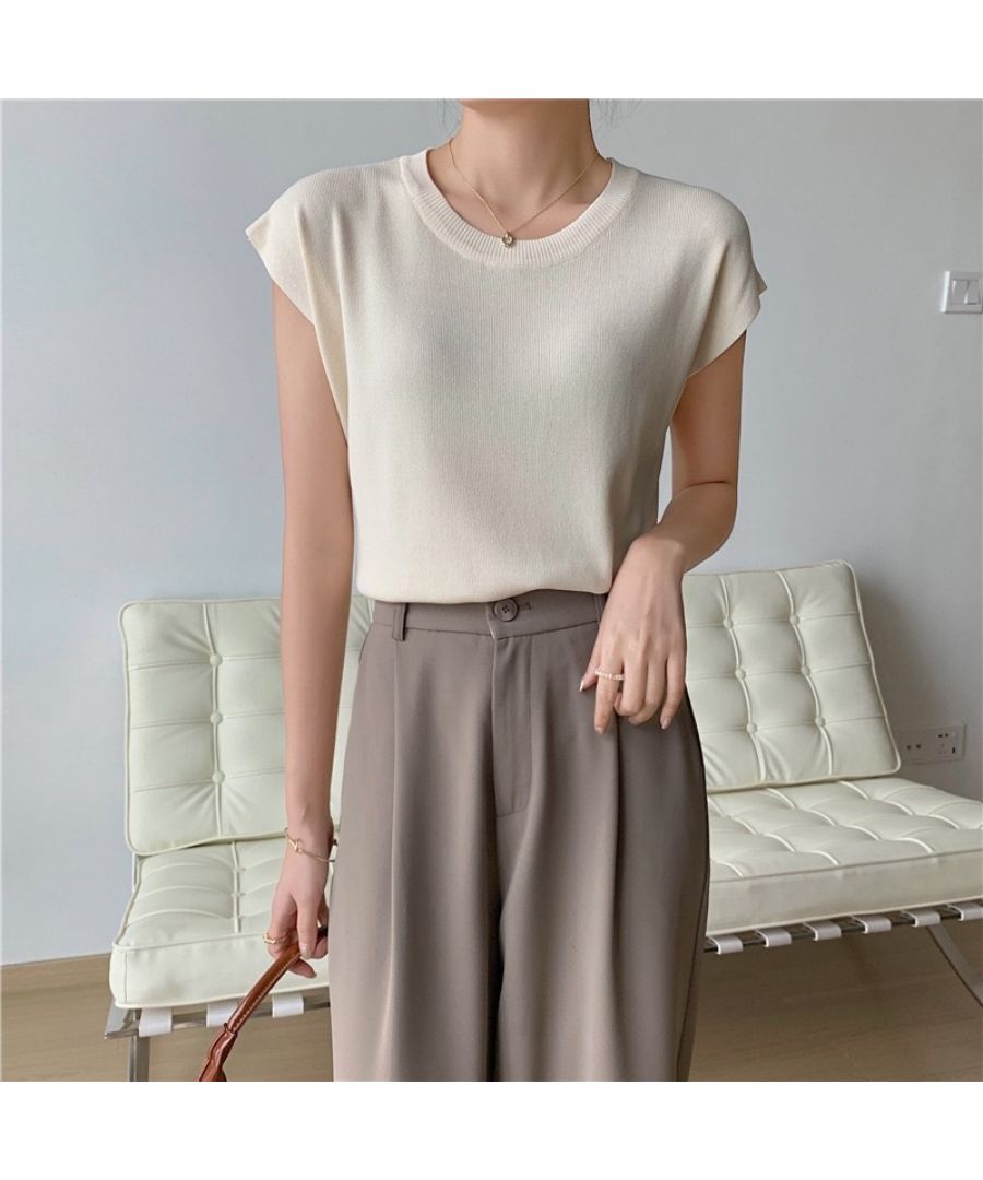 Beststore Tops French Sleeve Knit Sleeveless Short Sleeve Cut and Sew Knit Summer Knit Korean T-shirt Office Casual Adult Cute Plain Tank Top