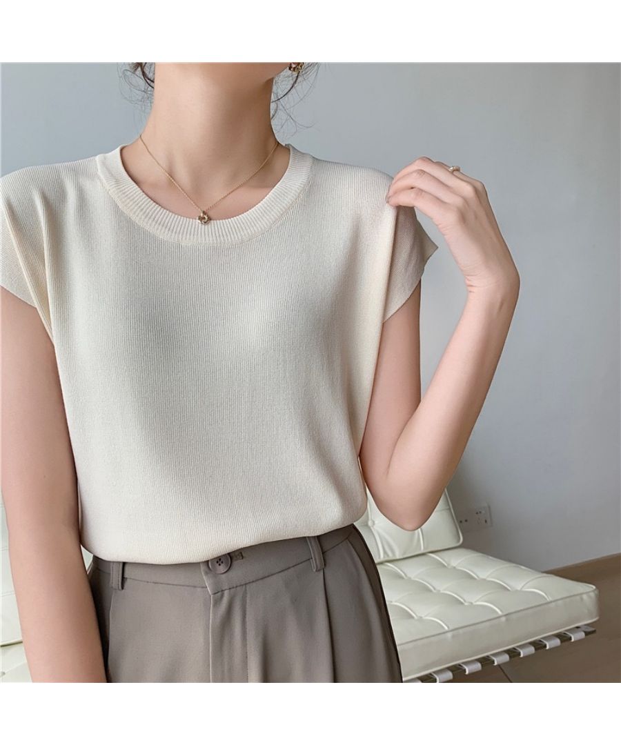 Beststore Tops French Sleeve Knit Sleeveless Short Sleeve Cut and Sew Knit Summer Knit Korean T-shirt Office Casual Adult Cute Plain Tank Top