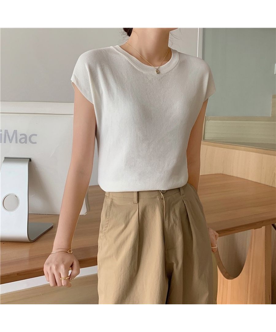 Beststore Tops French Sleeve Knit Sleeveless Short Sleeve Cut and Sew Knit Summer Knit Korean T-shirt Office Casual Adult Cute Plain Tank Top