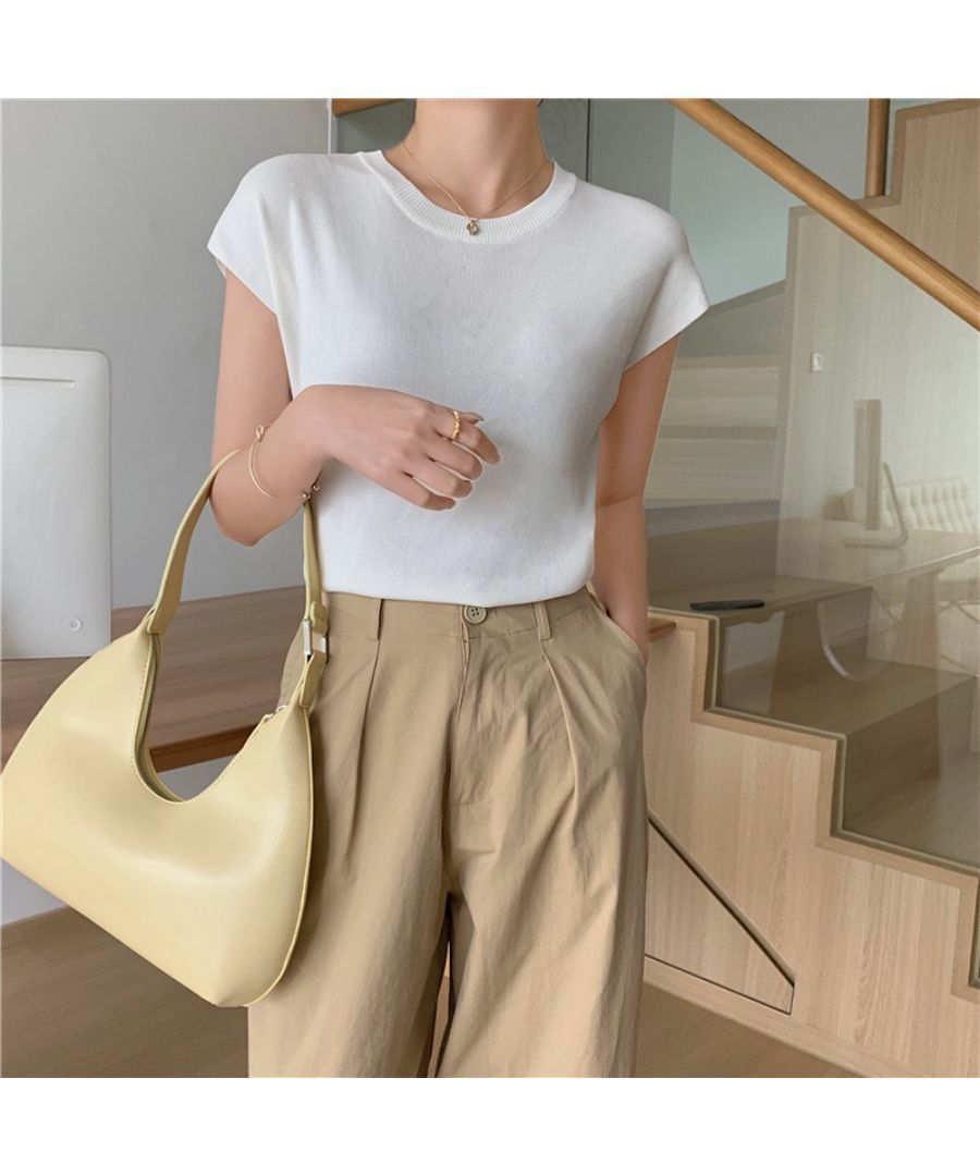 Beststore Tops French Sleeve Knit Sleeveless Short Sleeve Cut and Sew Knit Summer Knit Korean T-shirt Office Casual Adult Cute Plain Tank Top