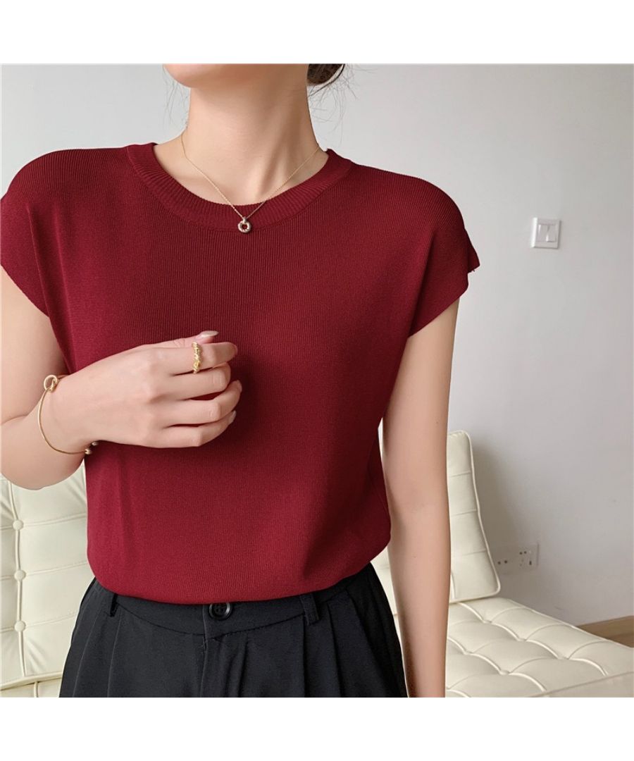 Beststore Tops French Sleeve Knit Sleeveless Short Sleeve Cut and Sew Knit Summer Knit Korean T-shirt Office Casual Adult Cute Plain Tank Top