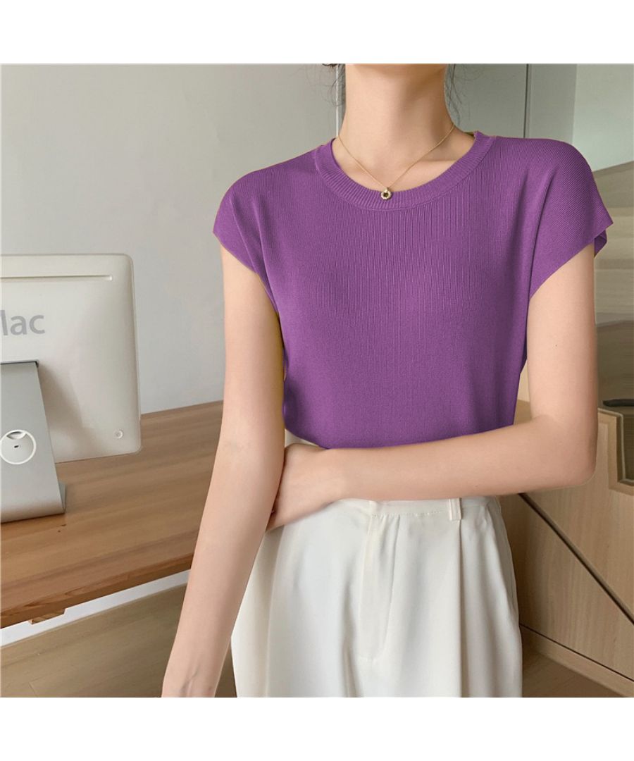 Beststore Tops French Sleeve Knit Sleeveless Short Sleeve Cut and Sew Knit Summer Knit Korean T-shirt Office Casual Adult Cute Plain Tank Top