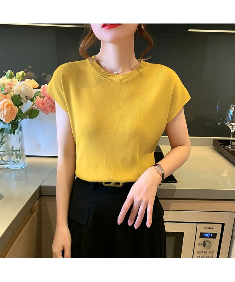 Beststore Tops French Sleeve Knit Sleeveless Short Sleeve Cut and Sew Knit Summer Knit Korean T-shirt Office Casual Adult Cute Plain Tank Top