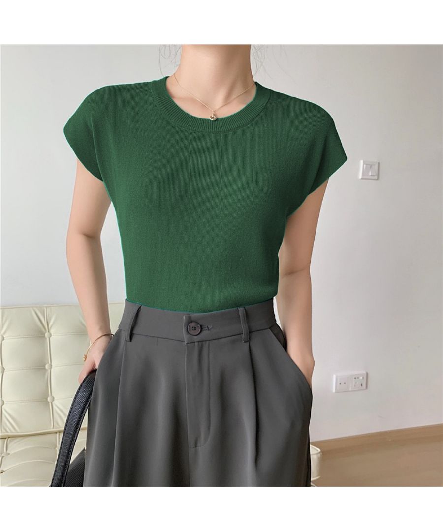 Beststore Tops French Sleeve Knit Sleeveless Short Sleeve Cut and Sew Knit Summer Knit Korean T-shirt Office Casual Adult Cute Plain Tank Top