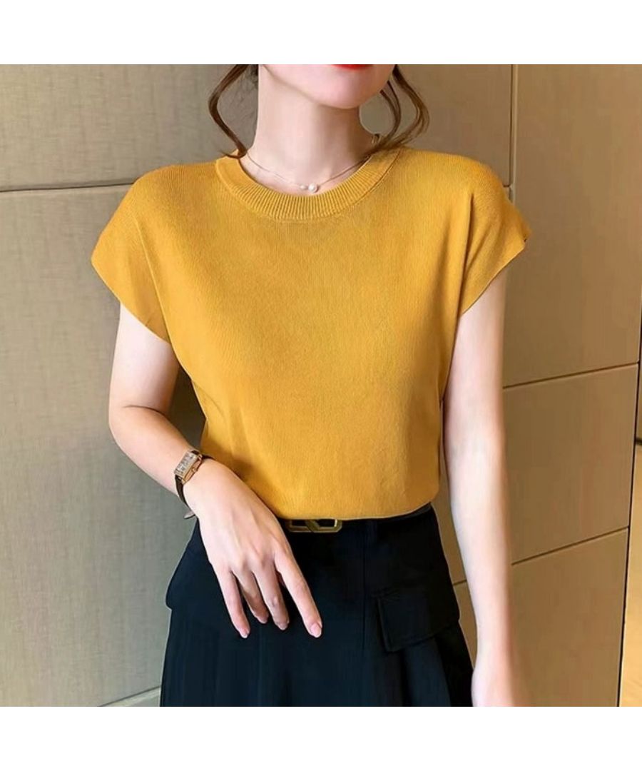 Beststore Tops French Sleeve Knit Sleeveless Short Sleeve Cut and Sew Knit Summer Knit Korean T-shirt Office Casual Adult Cute Plain Tank Top