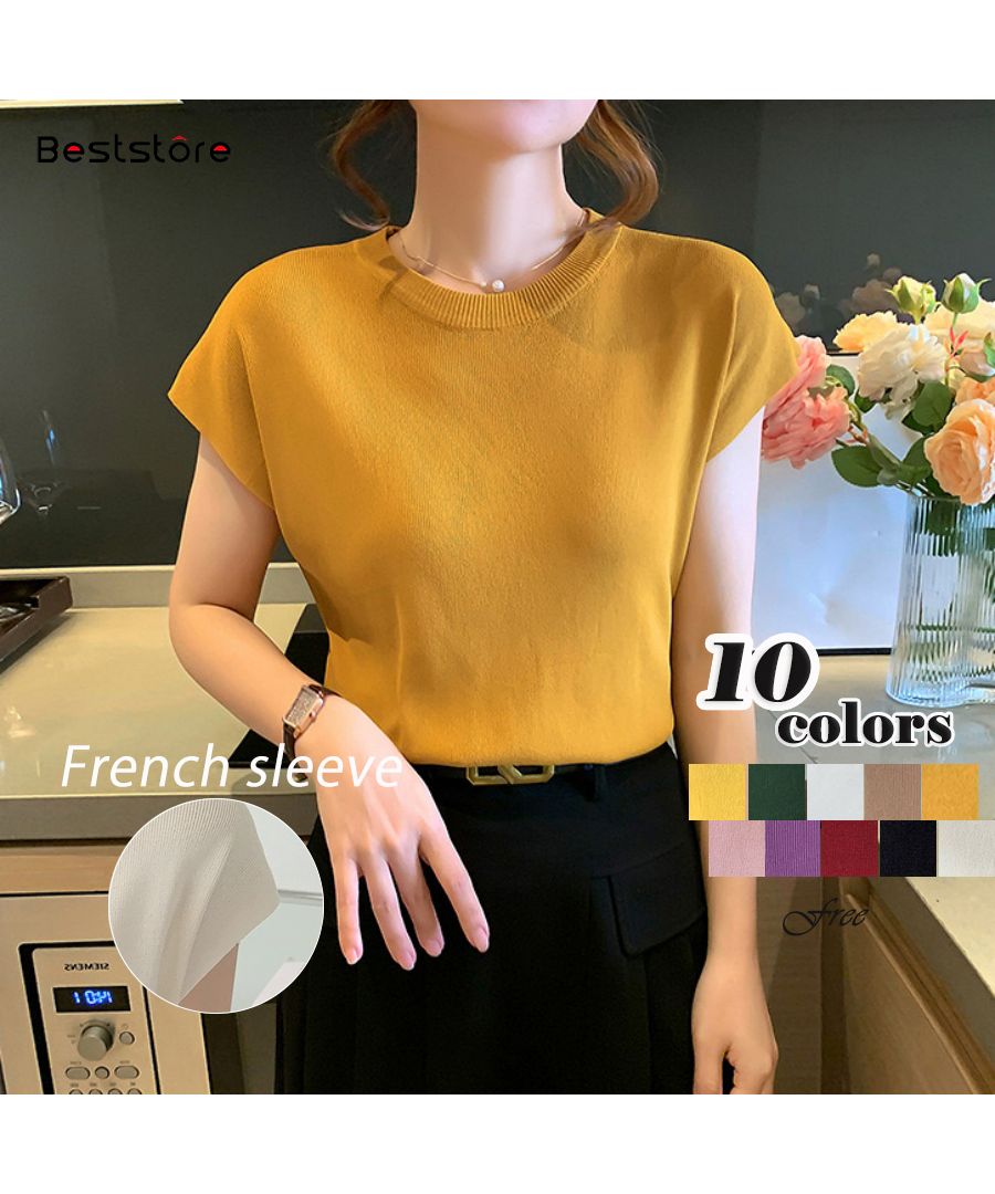 Beststore Tops French Sleeve Knit Sleeveless Short Sleeve Cut and Sew Knit Summer Knit Korean T-shirt Office Casual Adult Cute Plain Tank Top