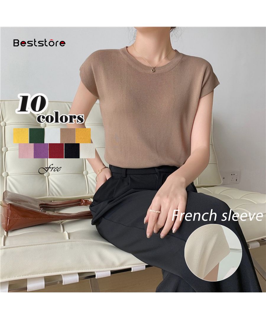 Beststore Tops French Sleeve Knit Sleeveless Short Sleeve Cut and Sew Knit Summer Knit Korean T-shirt Office Casual Adult Cute Plain Tank Top
