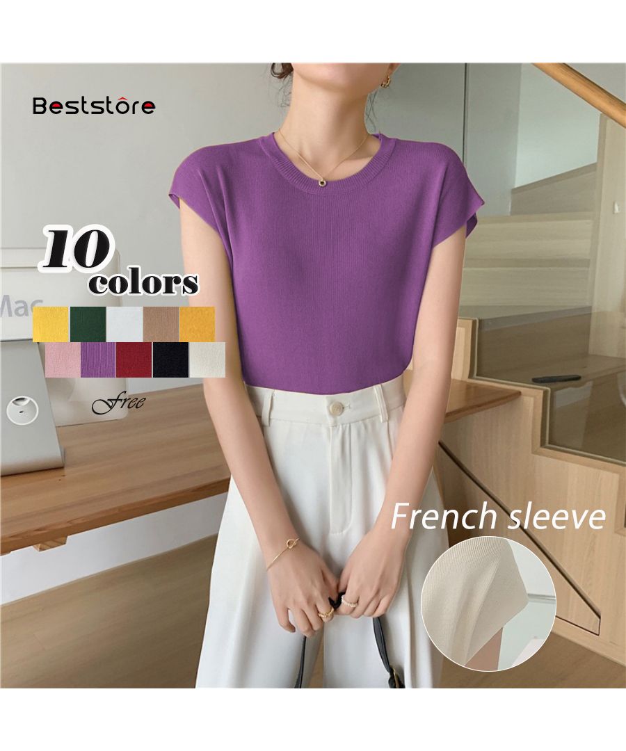 Beststore Tops French Sleeve Knit Sleeveless Short Sleeve Cut and Sew Knit Summer Knit Korean T-shirt Office Casual Adult Cute Plain Tank Top