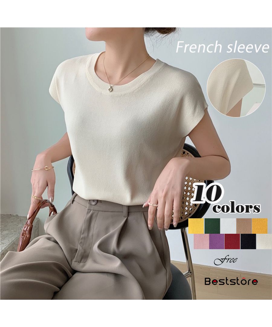Beststore Tops French Sleeve Knit Sleeveless Short Sleeve Cut and Sew Knit Summer Knit Korean T-shirt Office Casual Adult Cute Plain Tank Top