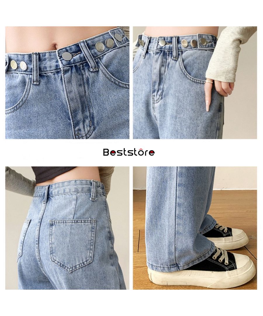 ベストストア Beststore レディース デニムストレートパンツ ハイウエストジーンス 脚長ボトムス 春秋夏 ストリートデニム ゆるっとしたルーズシルエット 釦 ロング丈 韓国ファッション