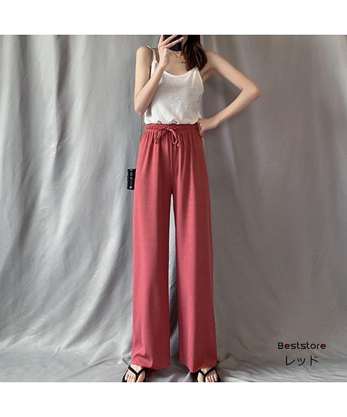 ベストストア Beststore ワイドパンツ プリーツリラックス ゆったりリラックスガウチョ ウエストゴム フリル 体型カバー カジュアルルーム ウエアリブイージーパンツ ガウチョパンツ 春夏