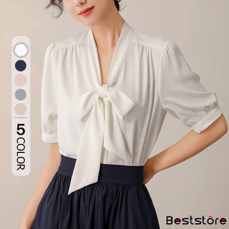 ベストストア Beststore ボウタイリボンブラウス トップス シャツ 半袖 ブラウス （ホワイト） ホワイト