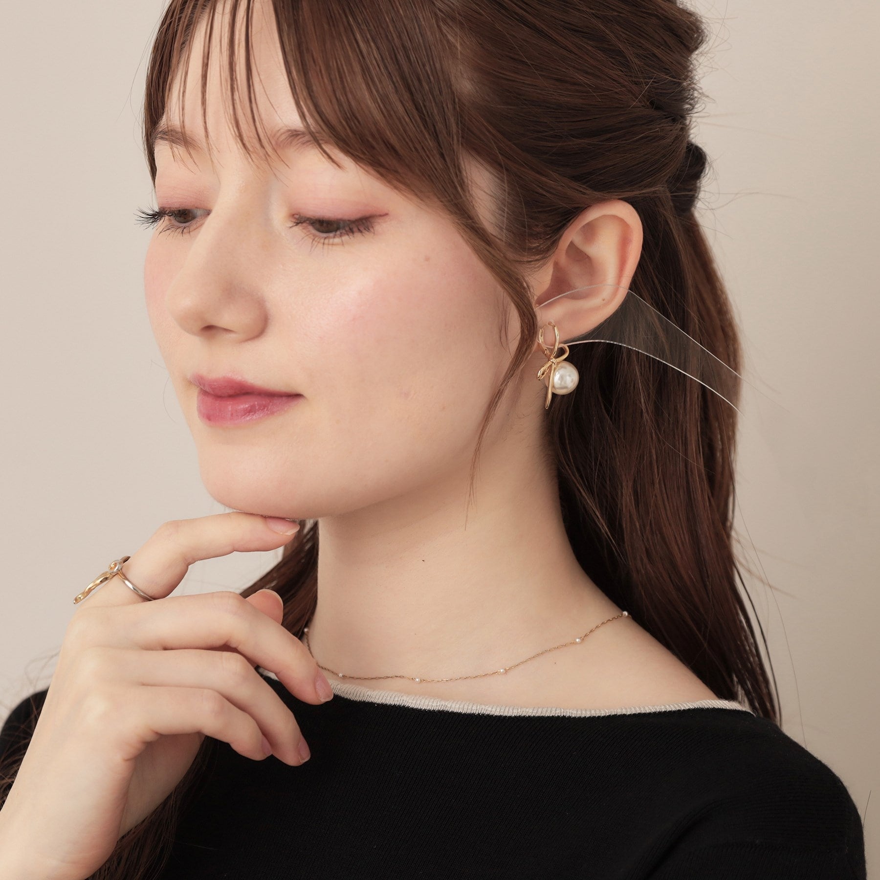 クチュール ブローチ Couture Brooch ノットリボン一粒パール調ピアス （ゴールド(007)） ゴールド(007)