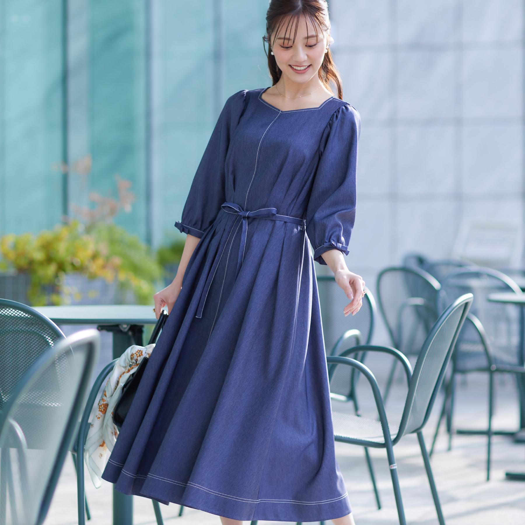 Couture Brooch Denim-like Sleeve Ribbon Dress