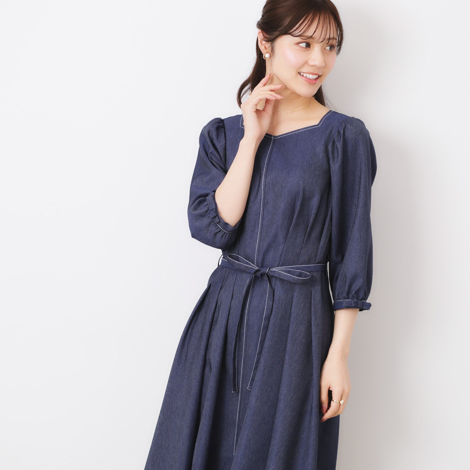 Couture Brooch Denim-like Sleeve Ribbon Dress