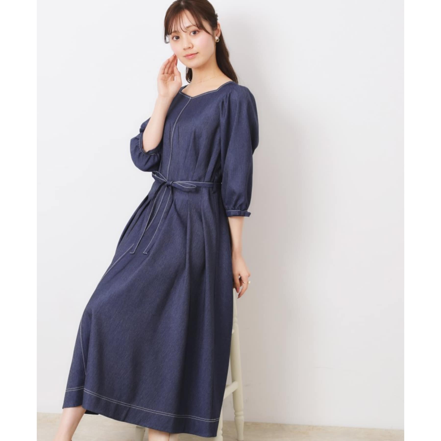 Couture Brooch Denim-like Sleeve Ribbon Dress