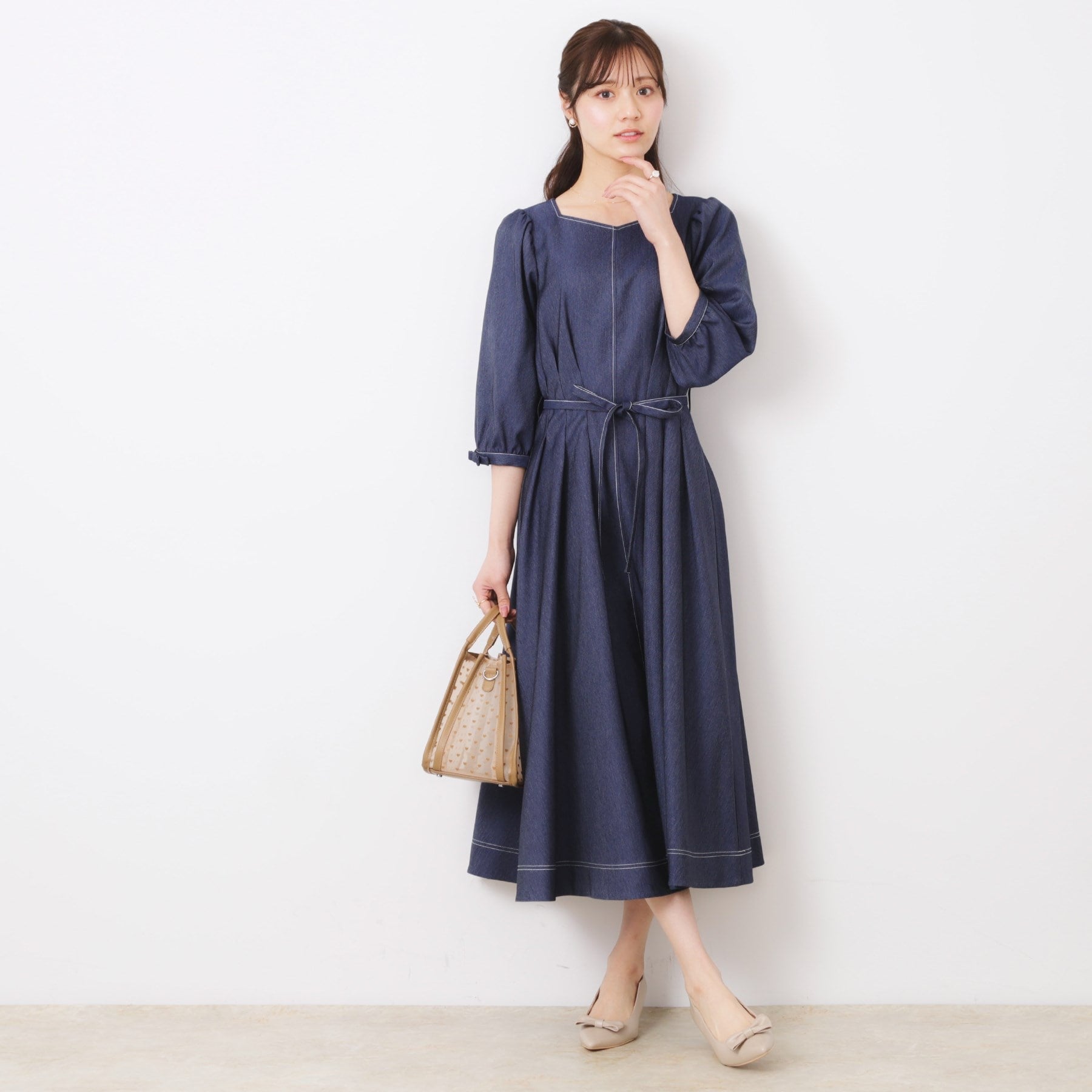 Couture Brooch Denim-like Sleeve Ribbon Dress