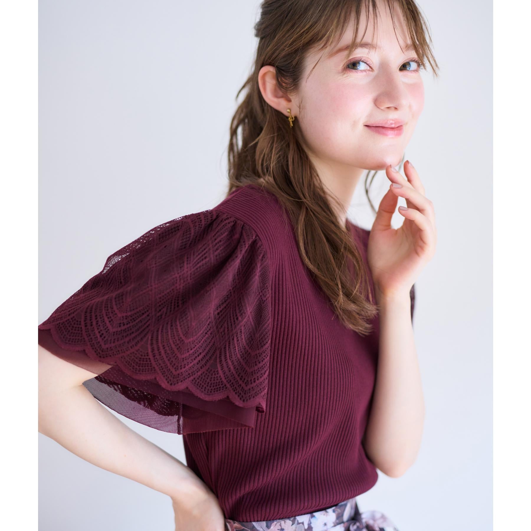 クチュール ブローチ Couture Brooch レース袖テレコトップス （ボルドー(064)） ボルドー(064)
