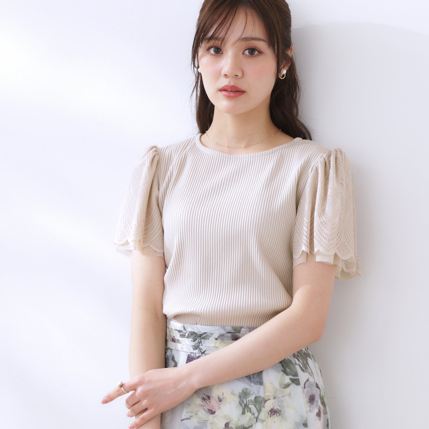 クチュール ブローチ Couture Brooch レース袖テレコトップス （ボルドー(064)） ボルドー(064)