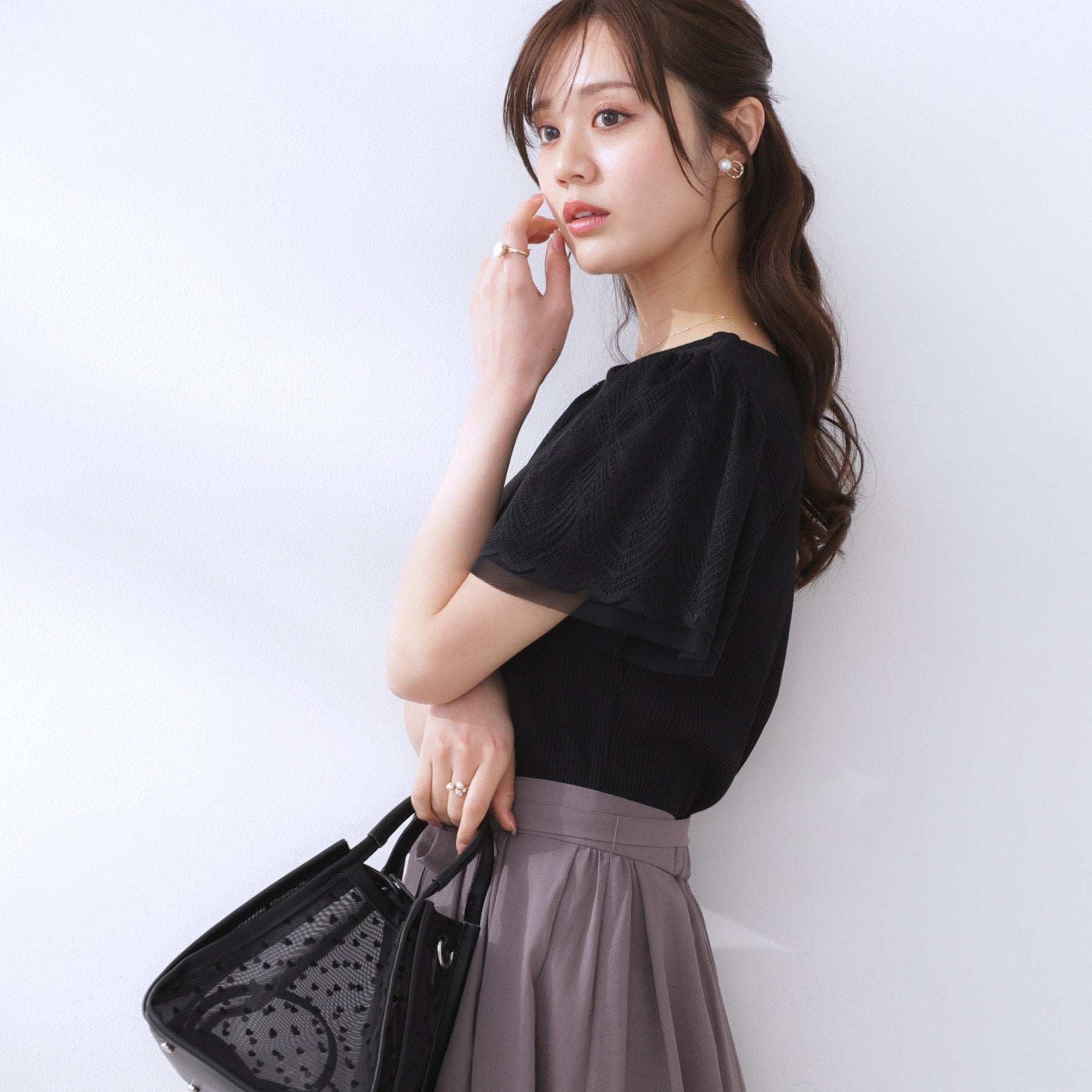 クチュール ブローチ Couture Brooch レース袖テレコトップス （ボルドー(064)） ボルドー(064)