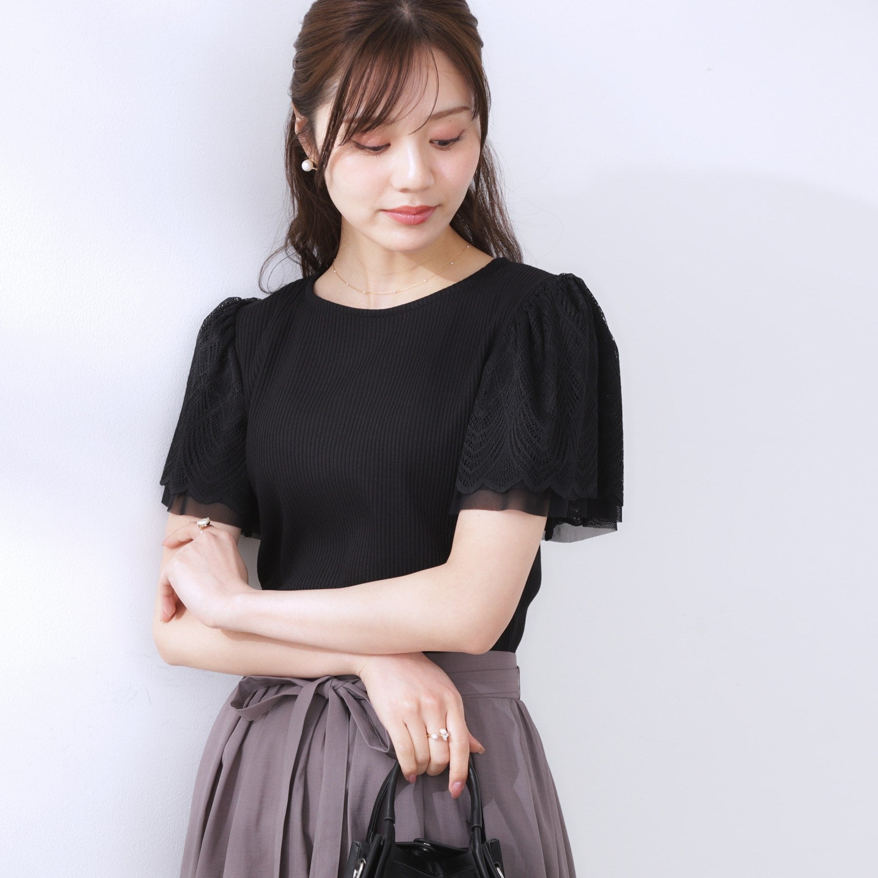 クチュール ブローチ Couture Brooch レース袖テレコトップス （ボルドー(064)） ボルドー(064)