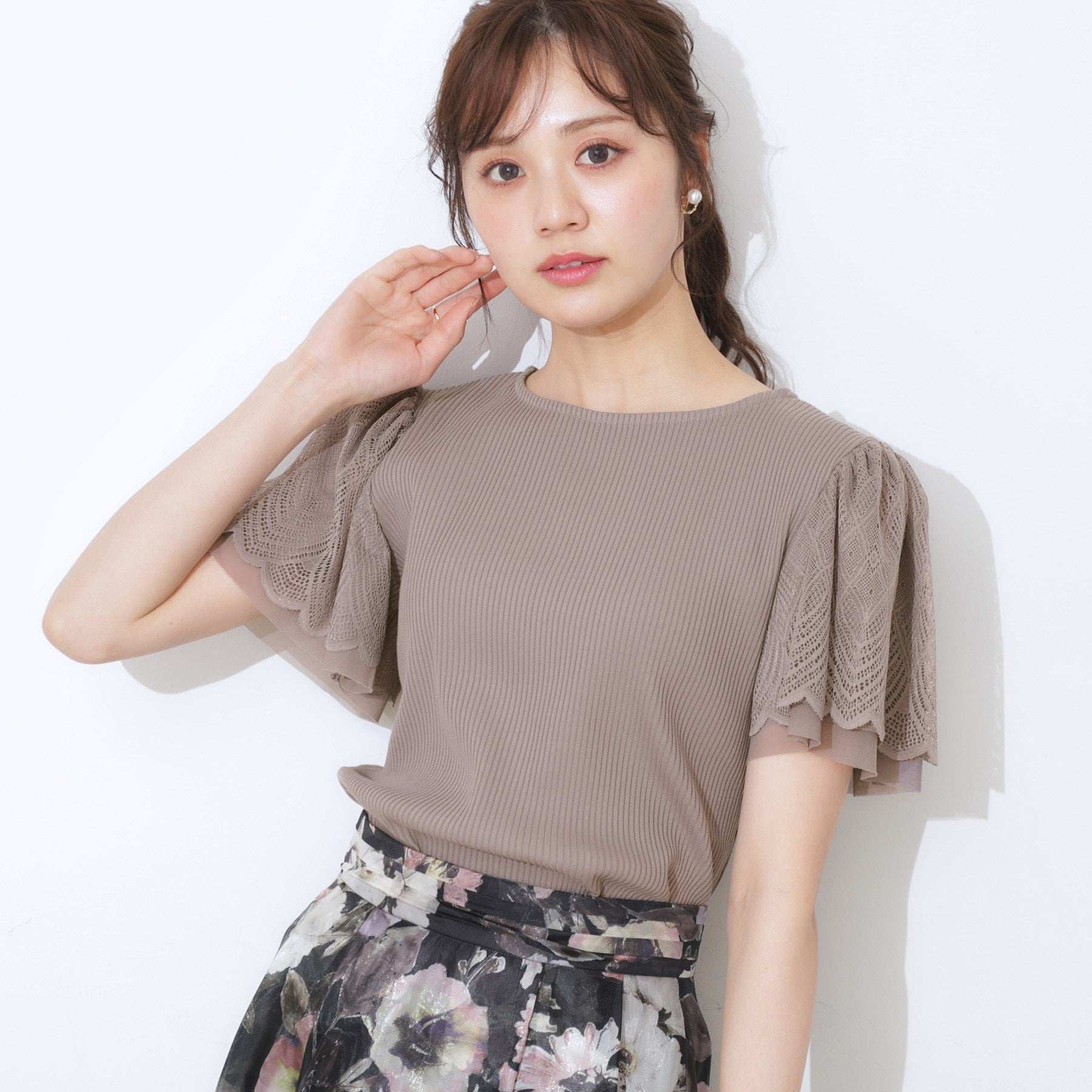 クチュール ブローチ Couture Brooch レース袖テレコトップス （ボルドー(064)） ボルドー(064)