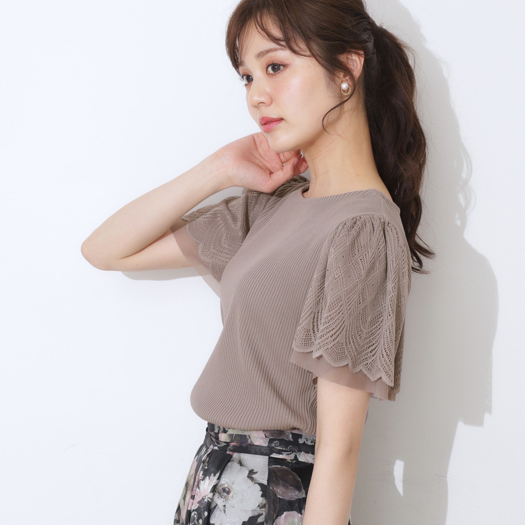 クチュール ブローチ Couture Brooch レース袖テレコトップス （ボルドー(064)） ボルドー(064)