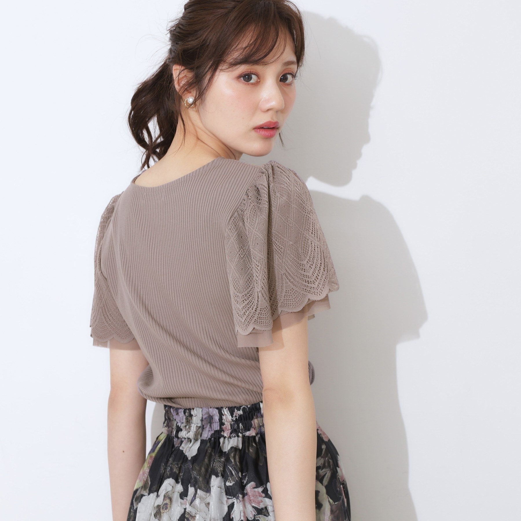 クチュール ブローチ Couture Brooch レース袖テレコトップス （ボルドー(064)） ボルドー(064)