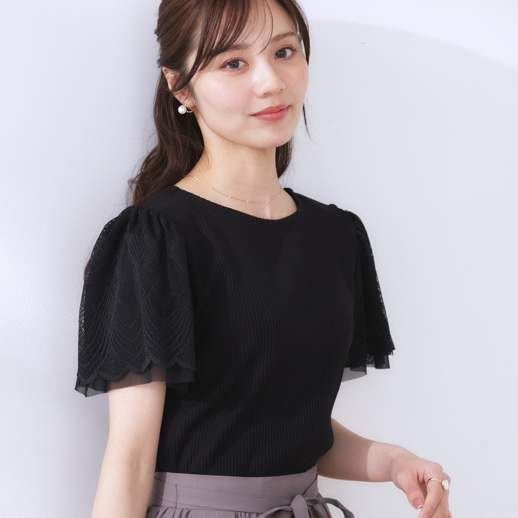 クチュール ブローチ Couture Brooch レース袖テレコトップス （ブラック(019)） ブラック(019)