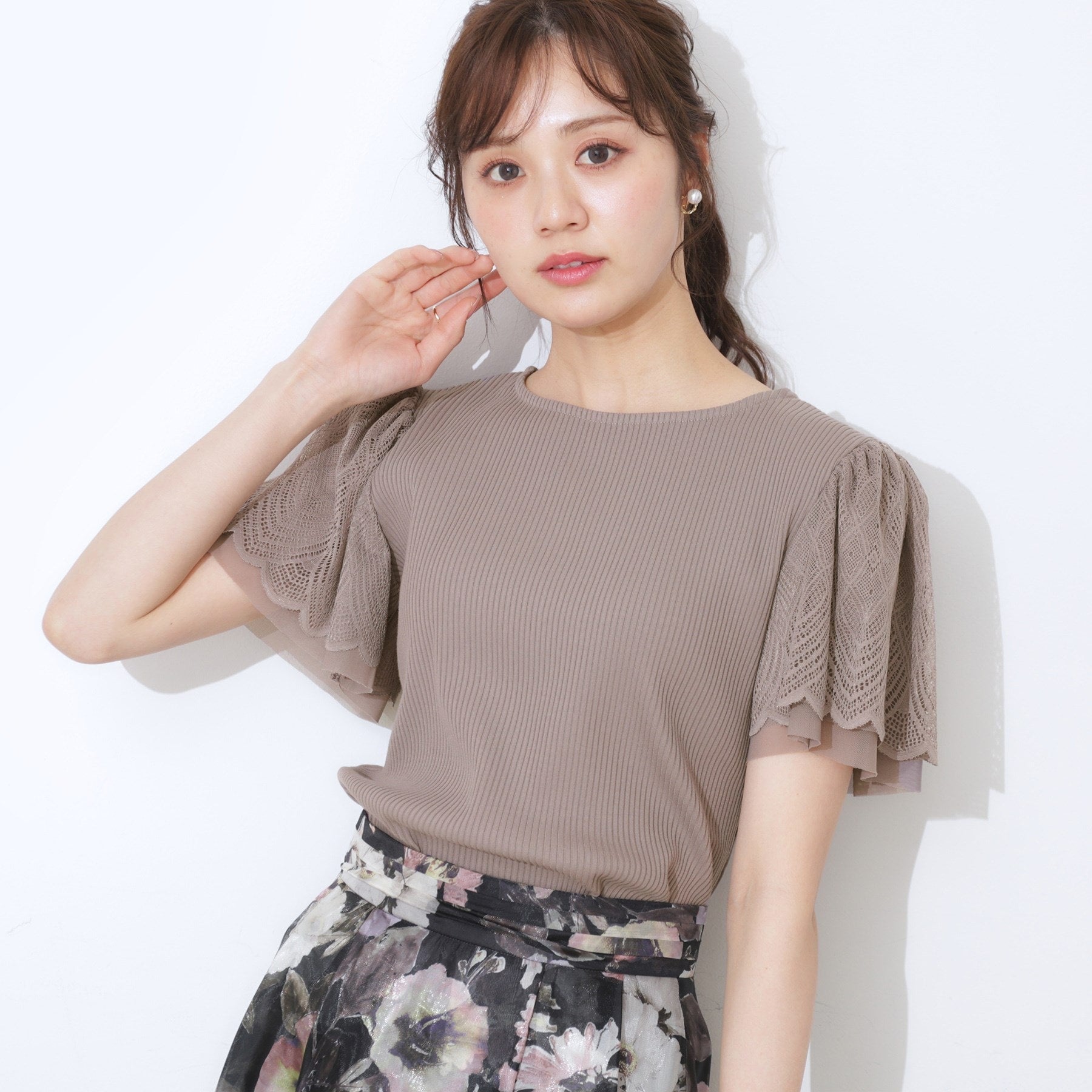 クチュール ブローチ Couture Brooch レース袖テレコトップス （ブラック(019)） ブラック(019)