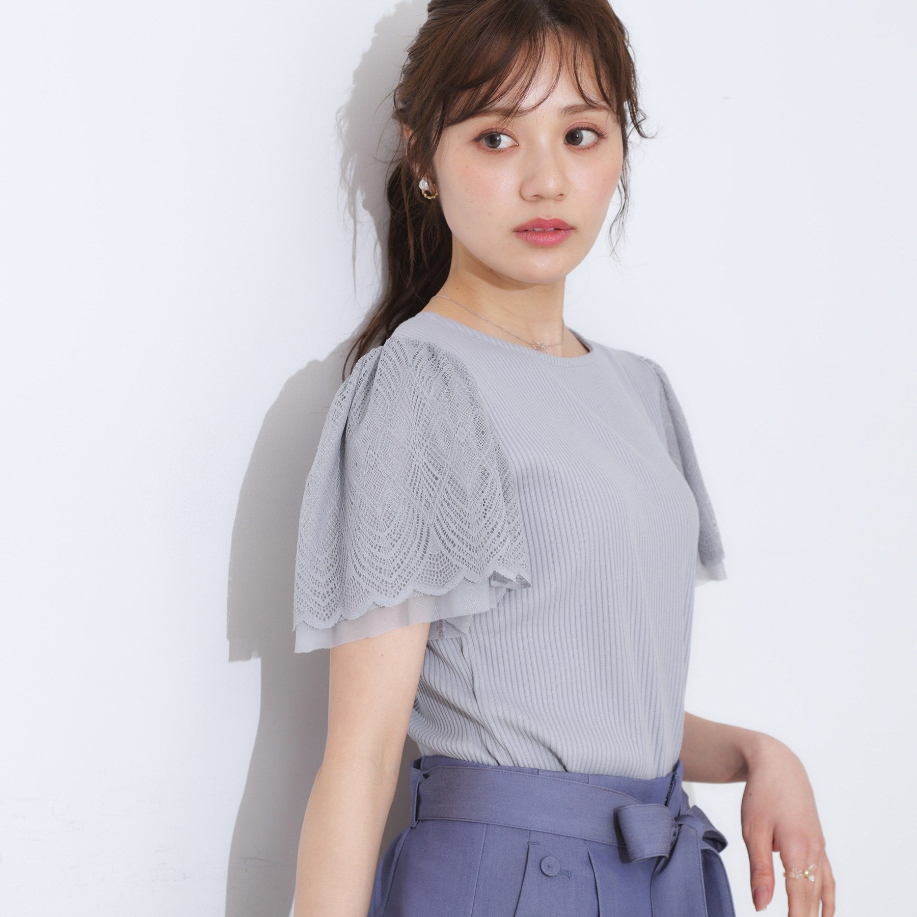 クチュール ブローチ Couture Brooch レース袖テレコトップス （サックスブルー(090)） サックスブルー(090)