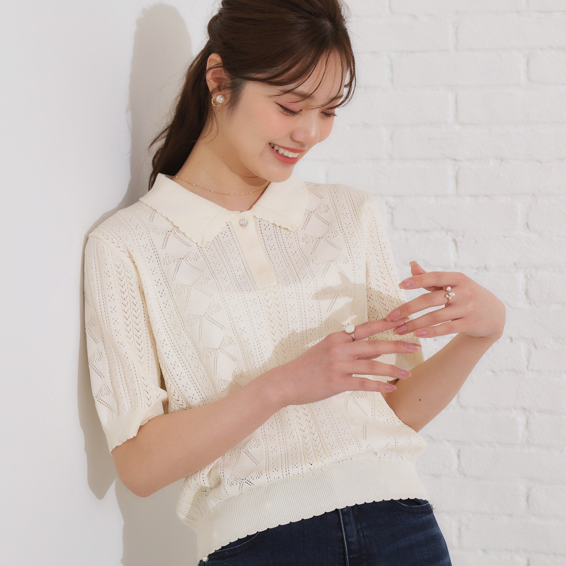 クチュール ブローチ Couture Brooch リボン透かし柄ポロニット （オフホワイト(003)） オフホワイト(003)