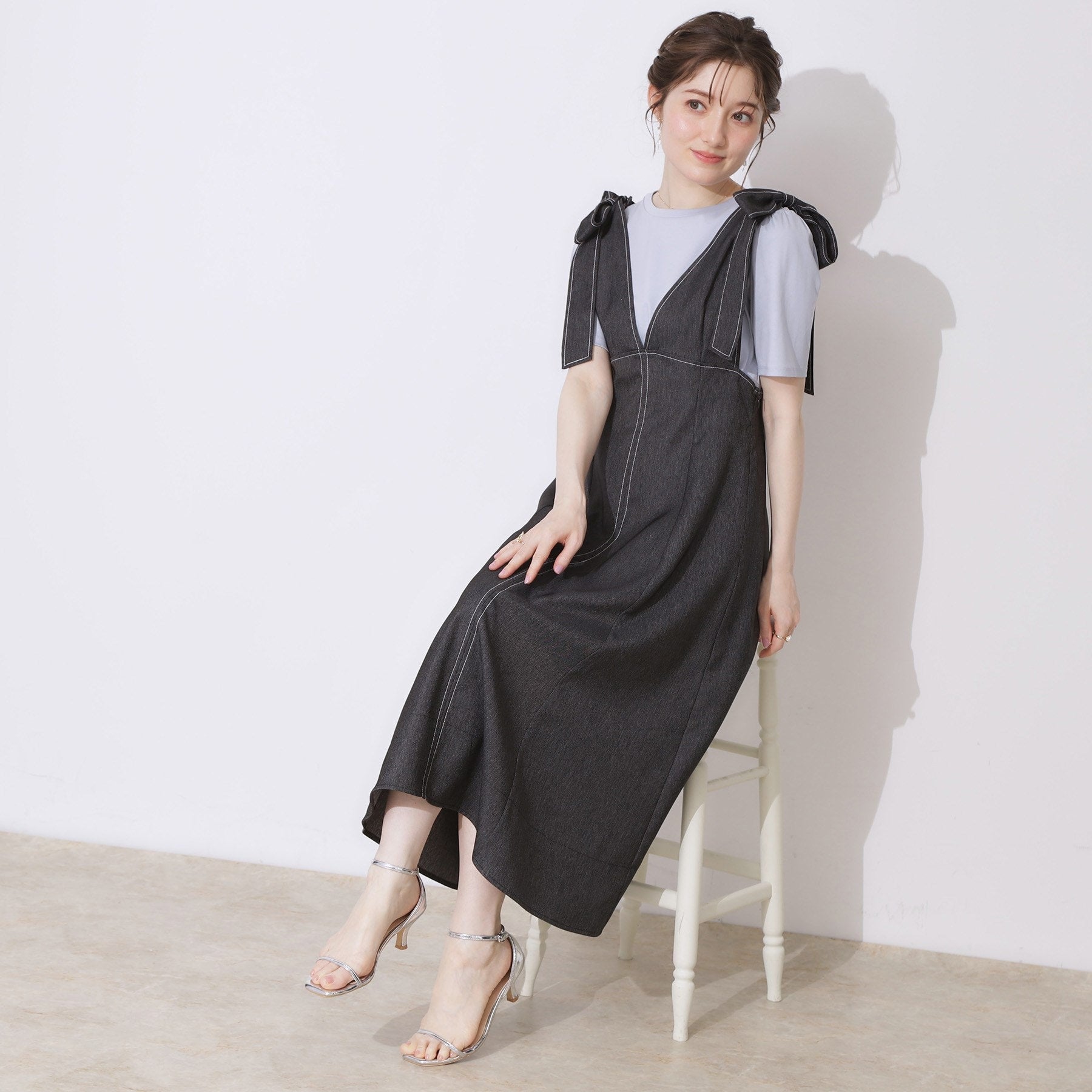 クチュール ブローチ Couture Brooch デニムライク肩リボンワンピース （ブラック(019)） ブラック(019)