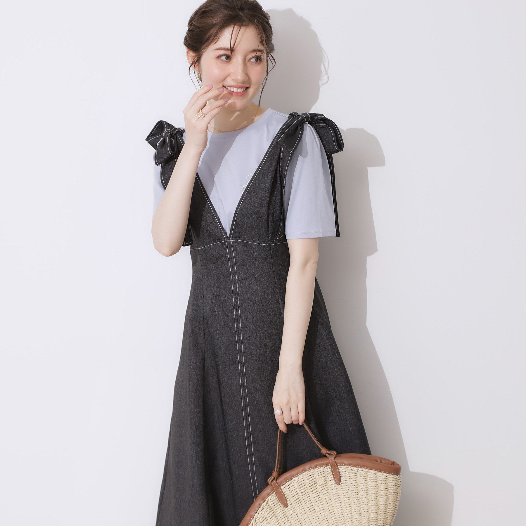 クチュール ブローチ Couture Brooch デニムライク肩リボンワンピース （ブラック(019)） ブラック(019)