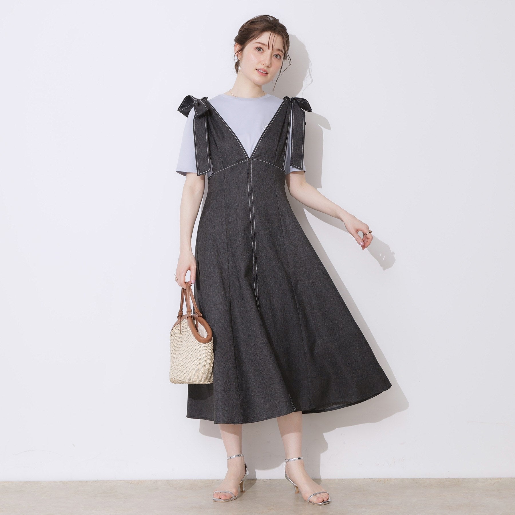 クチュール ブローチ Couture Brooch デニムライク肩リボンワンピース （ブラック(019)） ブラック(019)