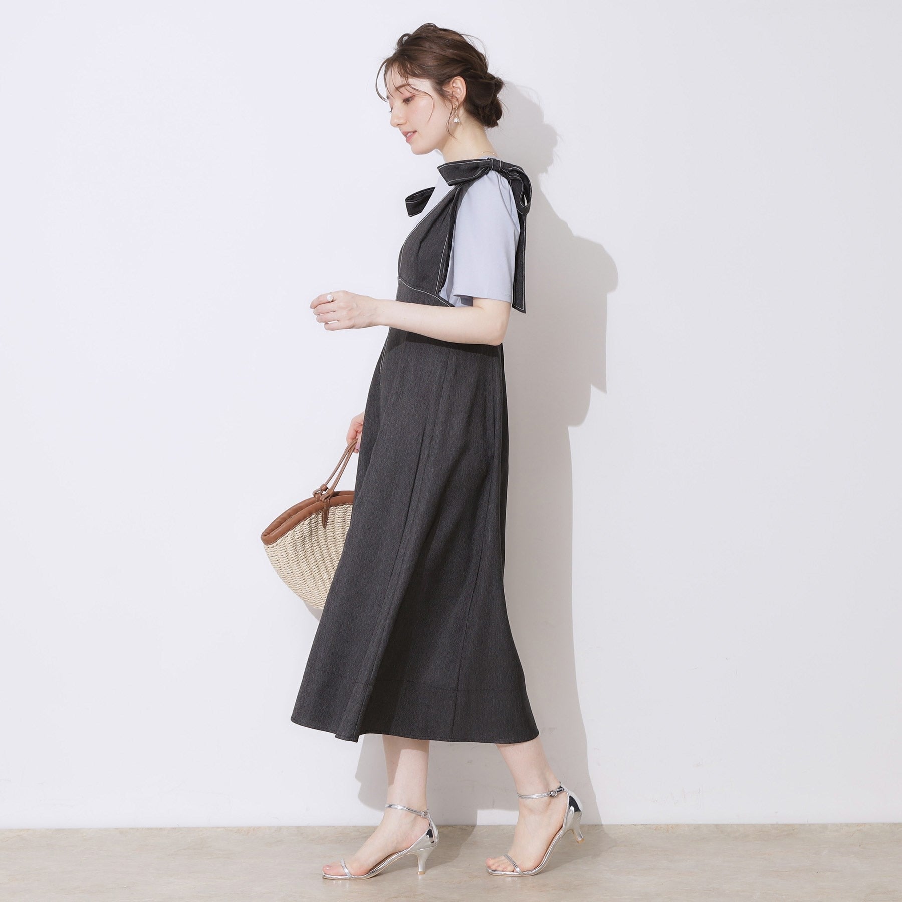 クチュール ブローチ Couture Brooch デニムライク肩リボンワンピース （ブラック(019)） ブラック(019)