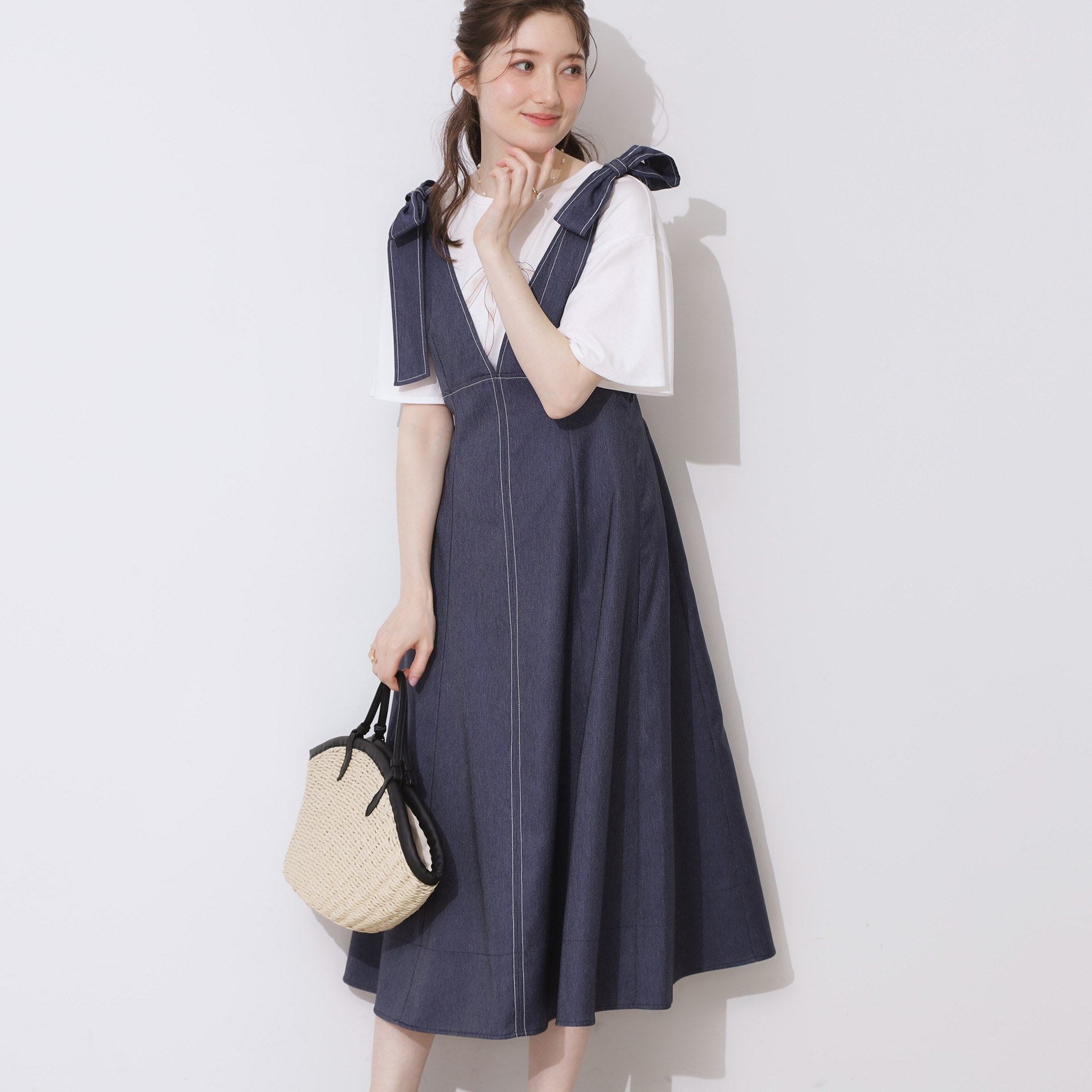 クチュール ブローチ Couture Brooch デニムライク肩リボンワンピース （ブラック(019)） ブラック(019)