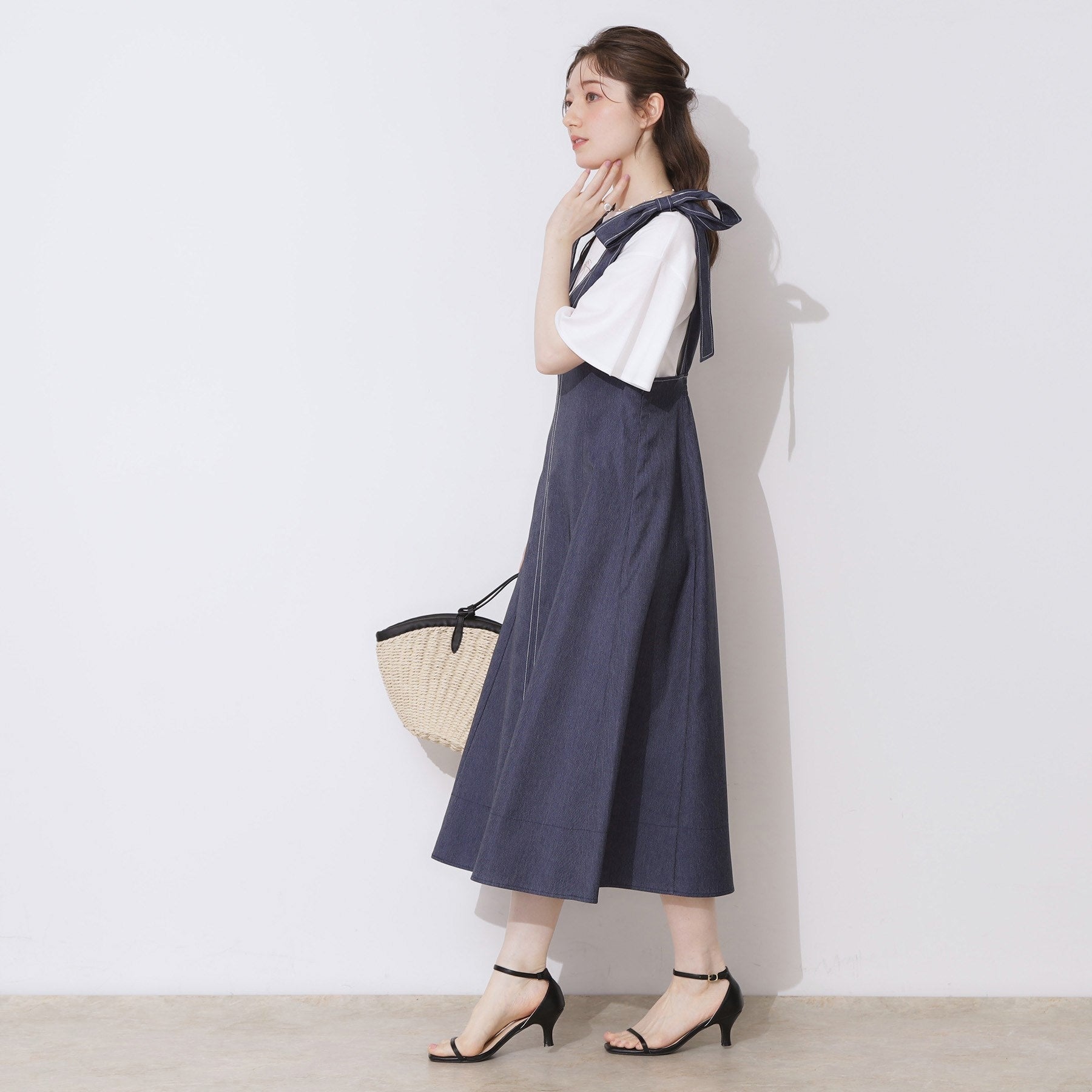 クチュール ブローチ Couture Brooch デニムライク肩リボンワンピース （ブラック(019)） ブラック(019)