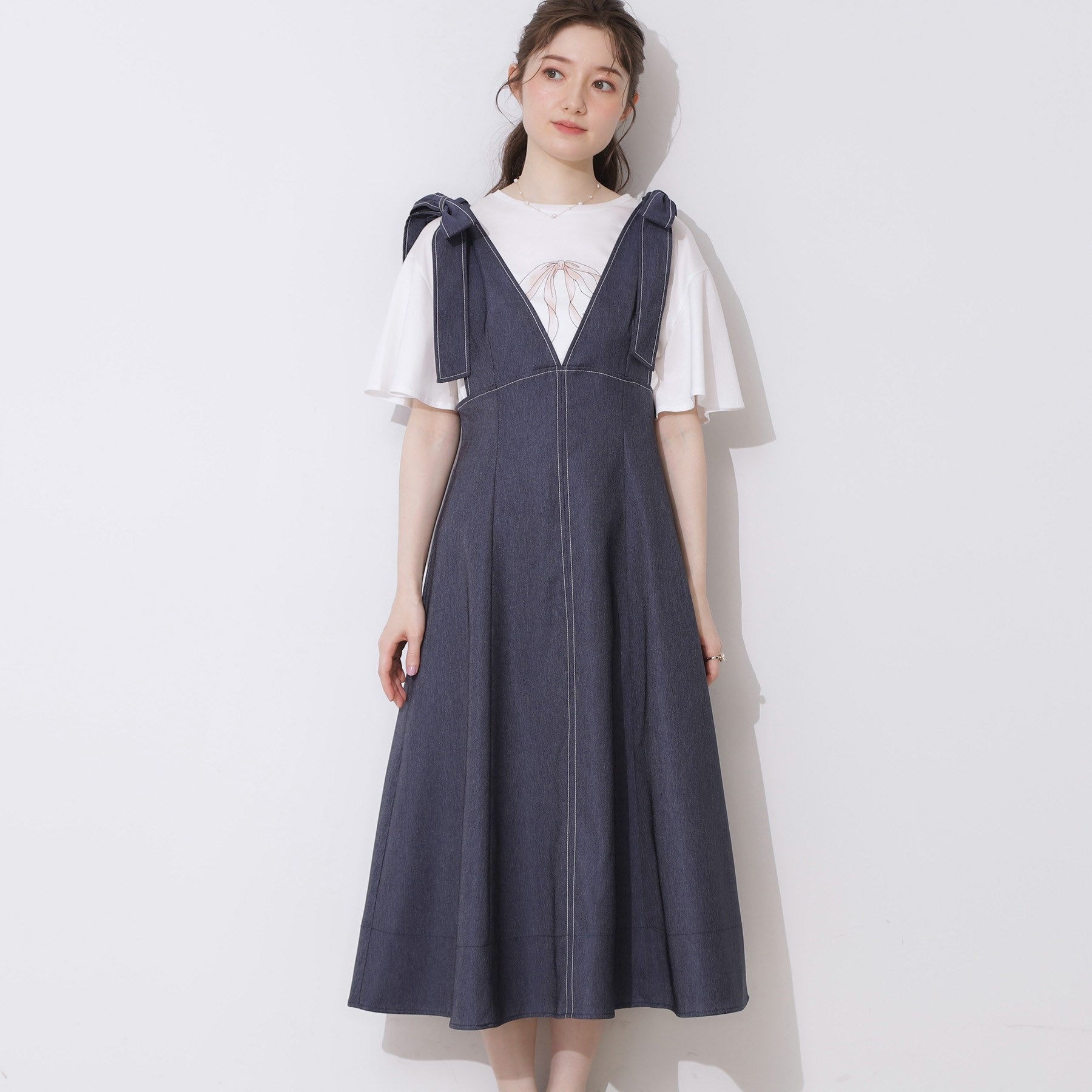 クチュール ブローチ Couture Brooch デニムライク肩リボンワンピース （ブラック(019)） ブラック(019)