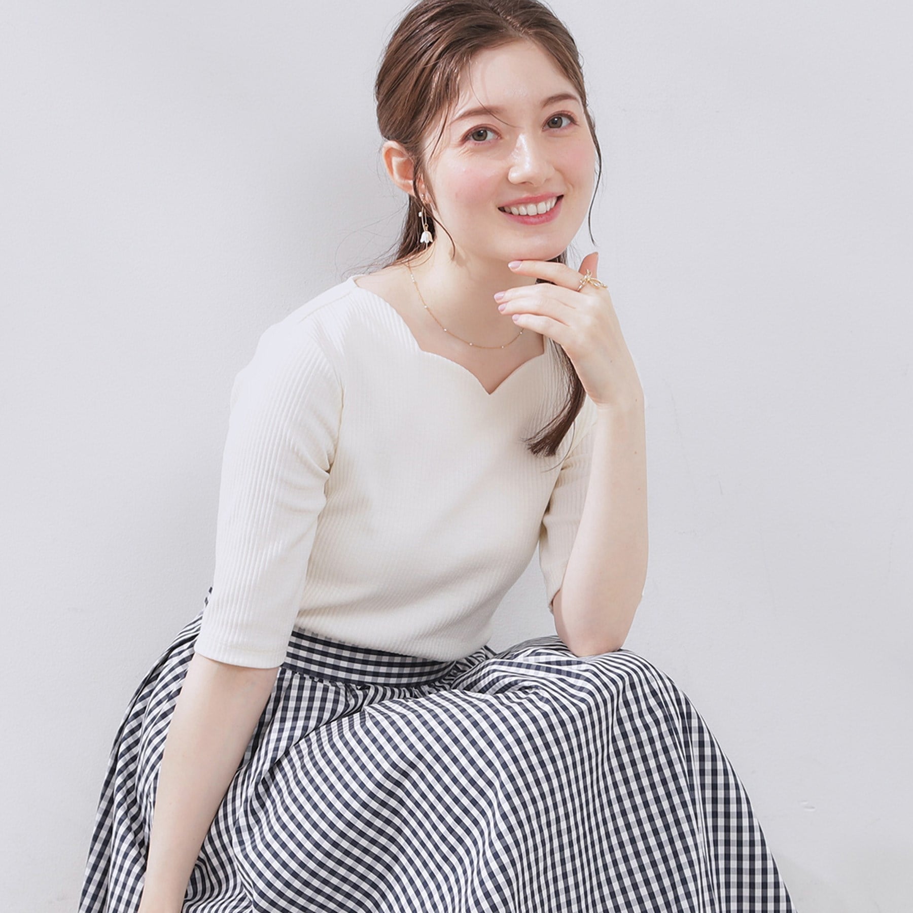 クチュール ブローチ Couture Brooch ハートネックテレコ5分袖プルオーバー （オフホワイト(003)） オフホワイト(003)
